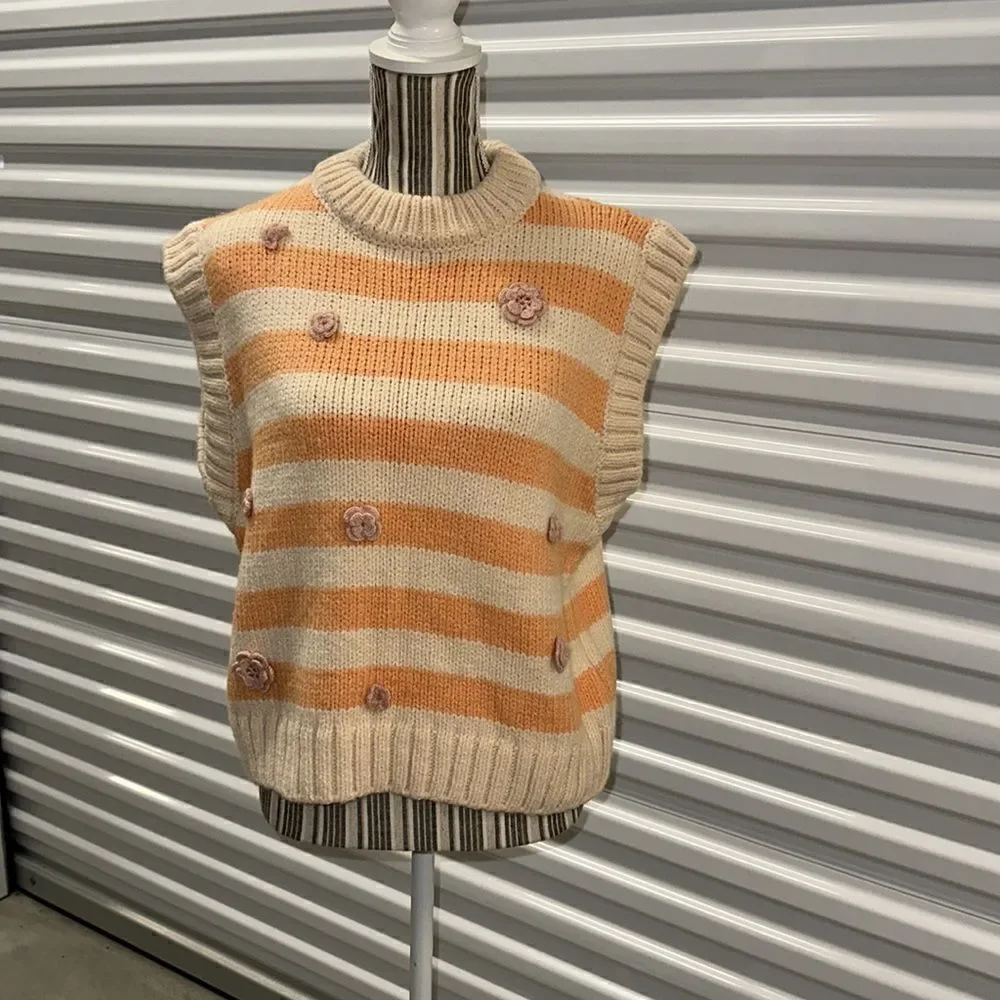 ZARA Orange Cream Striped Floral Knit Vest NWT Size L Textured Sweater Vest - Picture 5 of 9
